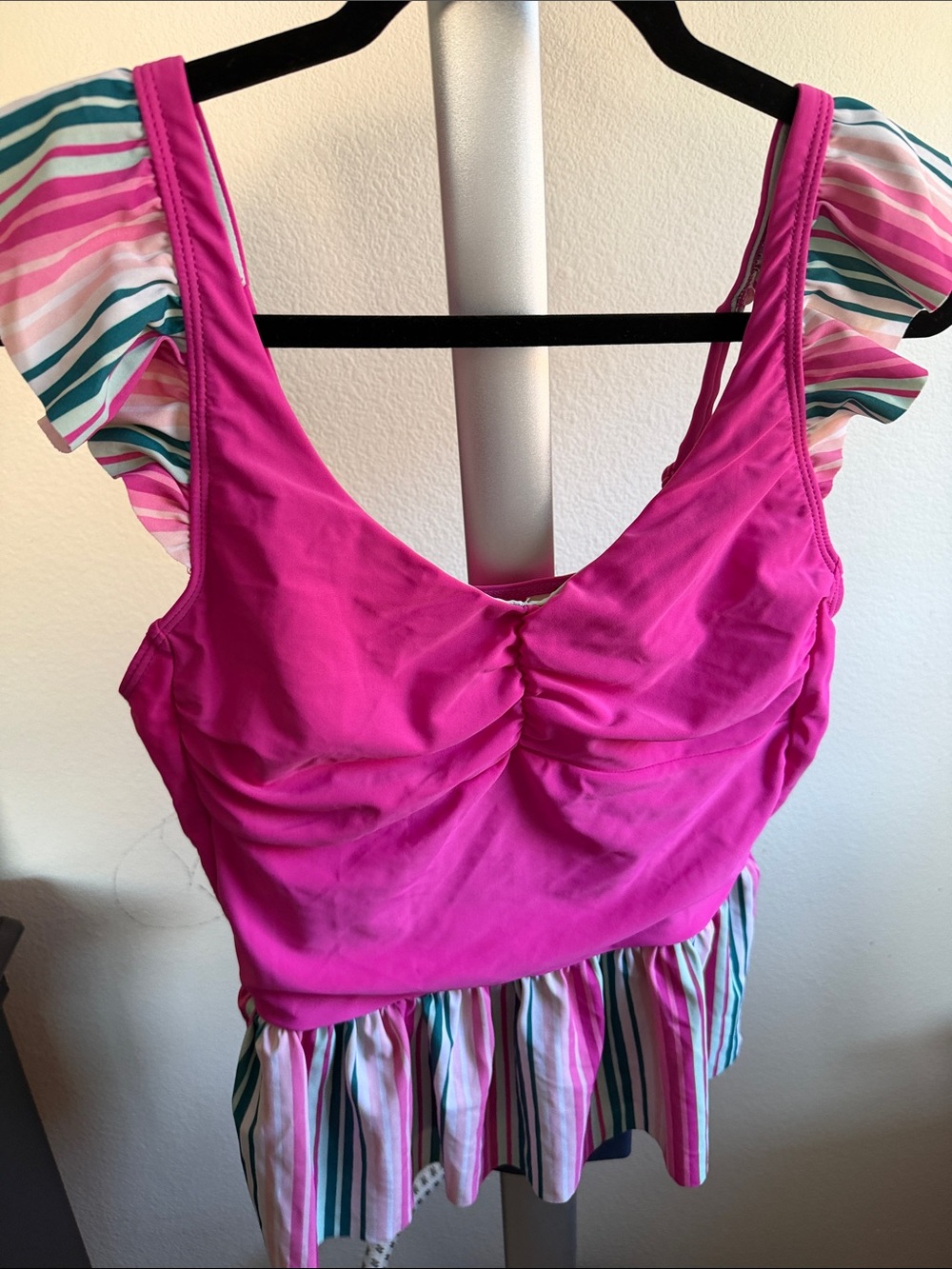 Matilda Jane Bright Fuchsia Swim Top with Striped Ruffle Trim, matching bottom
